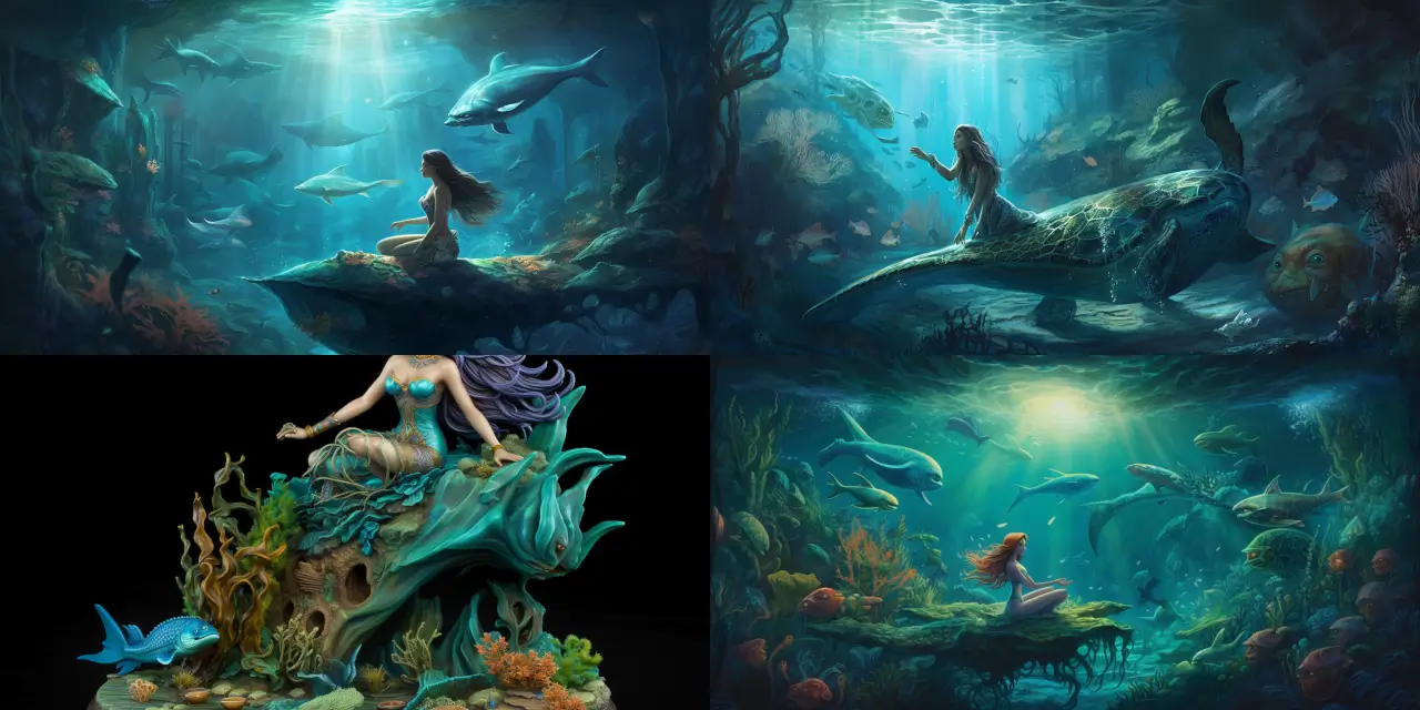 An ethereal mermaid enchantress, {{enchantress_name}}, weaving her spell beneath the depths of a bioluminescent undersea world in the company of her aquatic companions, {{companion_1}} and {{companion_2}}. The scene portrays a sense of awe and magic, highlighting the enchantress's mystical powers and the mesmerizing atmosphere of her undersea realm. The art style should be dreamlike and fantastical, with intricate details and glowing elements that emphasize the bioluminescent environment. A watercolor painting or matte painting technique would be ideal for capturing the fluidity and vibrancy of this fantastical ocean world. Inspired by the works of artists such as James Gurney and Ivan Aivazovsky, the scene should evoke a sense of mystery and wonder, inviting the viewer to explore the depths of the enchantress's watery abode.