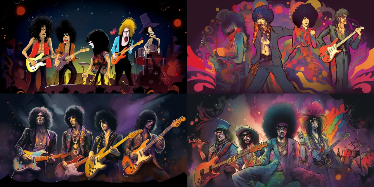 Design a caricature of a rock band, featuring four musicians: {{musician_1}}, {{musician_2}}, {{musician_3}}, and {{musician_4}}. Capture their wild hairstyles and extravagant stage outfits as they perform on stage. Include a {{style_1}} backdrop filled with energetic crowds and vibrant stage lights. Consider incorporating elements of {{theme_1}} for a distinctive atmosphere, such as cyberspace, steampunk, or fantasy. The talented artists like {{artist_1}}, {{artist_2}}, or {{artist_3}} could serve as your inspiration. Render this caricature in a medium such as {{medium_1}}, like a watercolor painting or a pencil sketch, for an expressive flair.