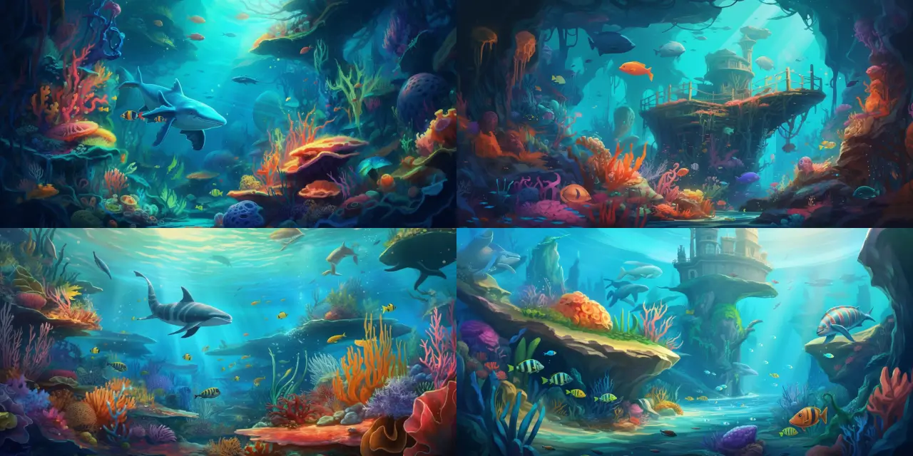 Illustrate an underwater adventure world featuring {{number_of_reefs}} vibrant coral reefs, {{number_of_creatures}} exotic sea creatures, and {{number_of_treasures}} hidden treasures in the style of a mobile game art. Make sure to include {{specific_creature_1}} and {{specific_creature_2}} as prominent species within the coral reefs, as well as a unique {{treasure_type}} hidden in the depths. Create this world using {{art_medium}} to give a {{art_style}} vibe, drawing inspiration from artists such as {{artist_1}} and {{artist_2}}. Showcase the sense of discovery and wonder that such a mysterious underwater realm evokes.