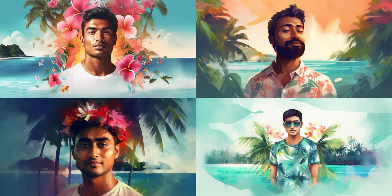Create a Custom Profile Picture featuring a serene {{beach_setting}}, with an avatar dressed in {{casual_summer_wear}}, surrounded by {{tropical_element_1}} and {{tropical_element_2}}. The art style should evoke a sense of relaxation and easygoing vibes. Experiment with mediums such as watercolor, digital painting, or impressionism to capture the essence of the scene. Use vibrant colors and distinctive elements to make the avatar stand out amongst the tropical backdrop.