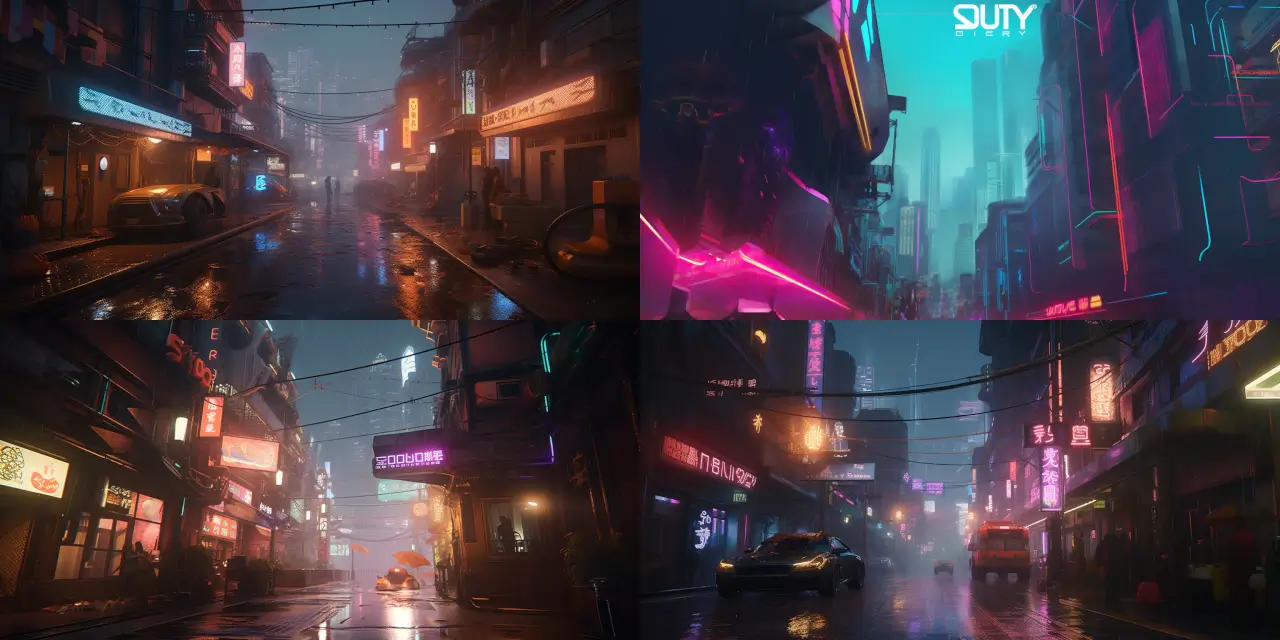 Visualize a {{setting_1}} cyberpunk-inspired, dystopian cityscape with {{feature_1}} neon signs, {{feature_2}} bustling streets, and {{feature_3}} towering skyscrapers for a futuristic action game. Focus on unique {{element_1}} architectural designs and {{element_2}} advanced technologies to enhance the {{theme_1}} immersive feel of the urban environment. Include elements such as {{object_1}} automated transportation systems, {{object_2}} holographic advertisements, and {{object_3}} drone surveillance in the scene. Capture the atmosphere with {{style_1}} vibrant colors, contrasting {{style_2}} shadows, and dynamic {{style_3}} lighting. Create both {{asset_1}} 2D and {{asset_2}} 3D game assets to fully bring the city to life.