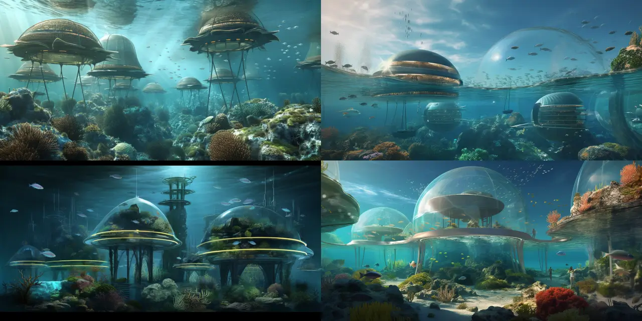Illustrate an underwater {{civilization_type}} civilization, featuring {{number_of_biodomes}} biodomes housing human settlements. Each biodome should be intricately {{connected_structure}} connected by {{tunnel_type}} tunnels and enveloped by a diverse array of {{aquatic_species}} aquatic life. Emphasize the {{technology_adjective}} futuristic technology concepts utilized within the biodomes, such as {{technology_list}} advanced energy systems, sustainable architecture, and seamless integration with the underwater environment. Capture the scene in a {{art_style}} art style, taking inspiration from artists like {{inspired_by_artists}}. Use a {{medium}} medium to bring the underwater world to life.
