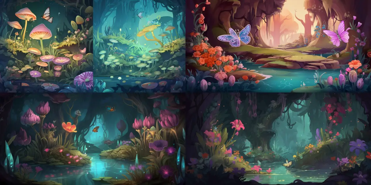 Illustrate an enchanted garden for a fairy-themed mobile game, featuring {{number_of_flowers}} oversized flowers, {{number_of_butterflies}} colorful butterflies, and {{number_of_waterfalls}} shimmering waterfalls. The style should evoke a sense of {{theme_1}} and should be suitable for Mobile Game Art. Consider incorporating elements of {{art_style_1}}, {{art_style_2}}, or {{art_style_3}} to create a visually captivating experience.