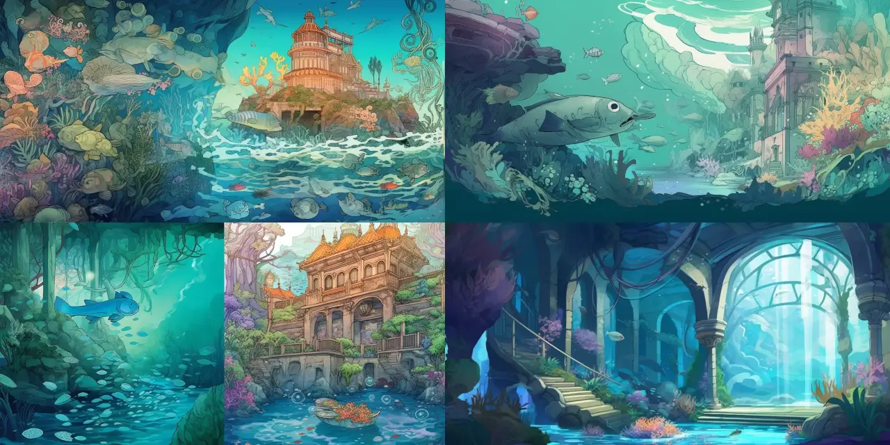 Create an anime background art of an underwater realm, featuring {{marine_life_count}} types of marine life, {{ancient_ruins_count}} mysterious ancient ruins, and {{bioluminescent_plants_count}} bioluminescent plants. The scene should evoke {{theme_1}} and {{theme_2}} while incorporating {{art_style}} style elements. Showcase a unique blend of the artistic influences of {{artist_1}} and {{artist_2}}. The medium should resemble {{medium_1}}, with a hint of {{medium_2}} for added depth and texture.