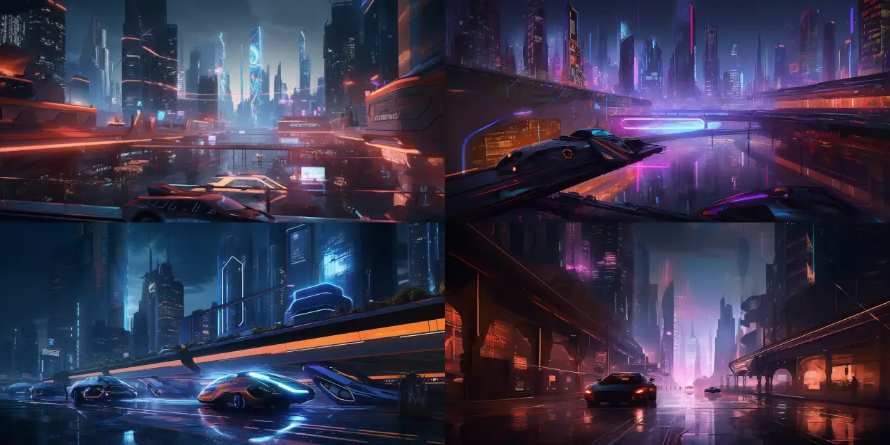 Design a {{setting_1}} futuristic urban landscape featuring {{transport_1}} flying robotic taxis and AI-controlled traffic, illuminated by {{color_scheme_1}} vivid and neon colors. Focus on the {{theme_1}} robot and AI design, showcasing innovative and advanced technologies integrated into the cityscape. Capture the essence of a bustling metropolis in a {{time_of_day_1}} night setting, with the glowing city lights reflecting off sleek surfaces and futuristic architecture.