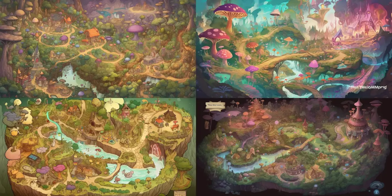 Design a map of a whimsical fairy village hidden high up in the canopy of a gigantic enchanted forest, including {{number_of_landmarks}} natural landmarks such as {{landmark_1}}, {{landmark_2}}, and {{landmark_3}}, and intricate pathways. Set the scene with a Fantasy Map Design style, featuring elements like {{element_1}}, {{element_2}}, and {{element_3}}. Choose an artistic medium for your map, such as {{medium_1}} or {{medium_2}}, and take inspiration from artists like {{artist_1}} or {{artist_2}} to evoke a strong sense of {{theme_1}} and {{theme_2}}.