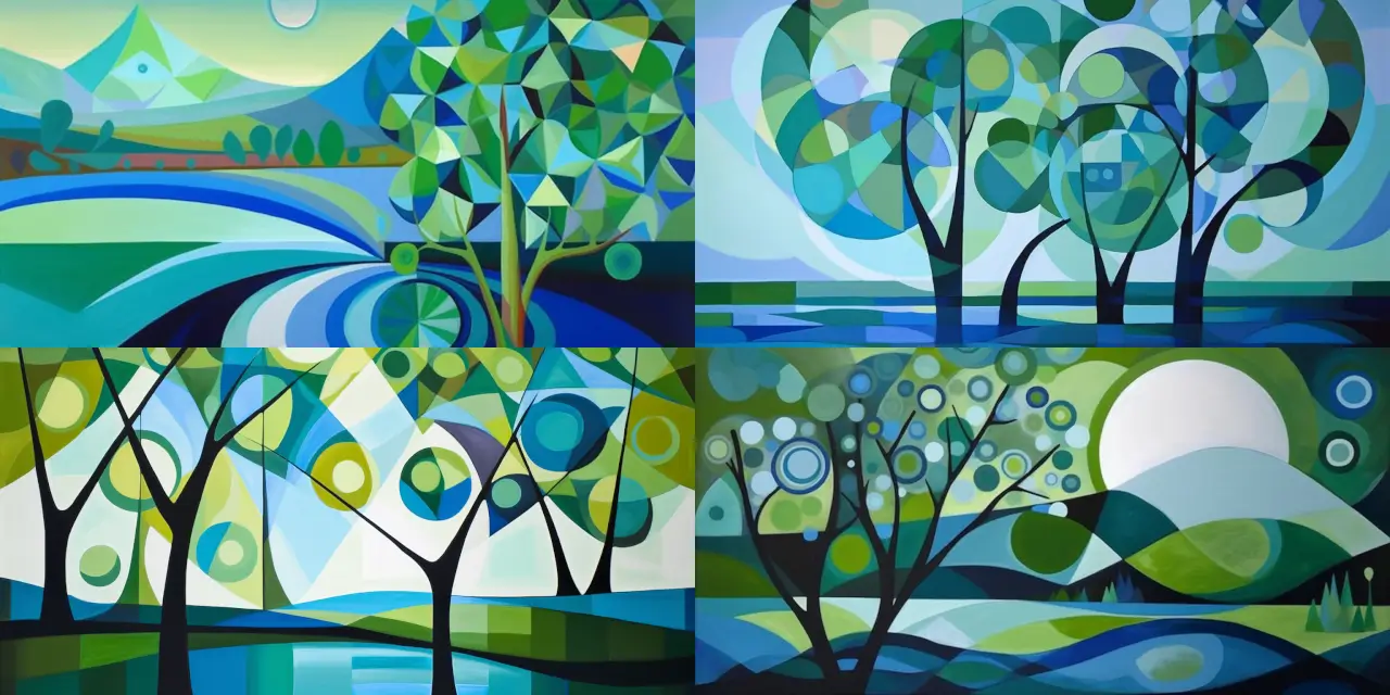 Depict a serene landscape using simple {{geometric_shape_1}} and {{geometric_shape_2}} contrasted with soft, blended {{color_1}} and {{color_2}} to create a sense of depth and balance. Incorporate an {{element_1}} and an {{element_2}} within the scene to enhance the composition. Refer to the works of abstract artists such as Wassily Kandinsky or Piet Mondrian for inspiration. Abstract Art.