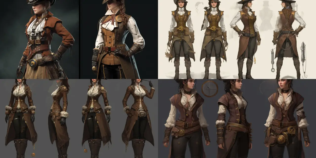 Design a steampunk-inspired adventurer's ensemble, incorporating {{Victorian_fashion_element}}, brass details, and functional gadgetry like {{gadget_1}} and {{gadget_2}}. The costume should reflect a combination of Victorian fashion and the steampunk aesthetic, while also showcasing the character's profession as an {{adventurer_profession}}. Use mediums such as {{medium_1}} or {{medium_2}} to convey the rich textures and intricate designs of the garments and accessories. The finished design should evoke a sense of curiosity, discovery, and the spirit of exploration. Consider referencing works by artists like {{artist_1}} or {{artist_2}} to capture the essence of the steampunk genre.