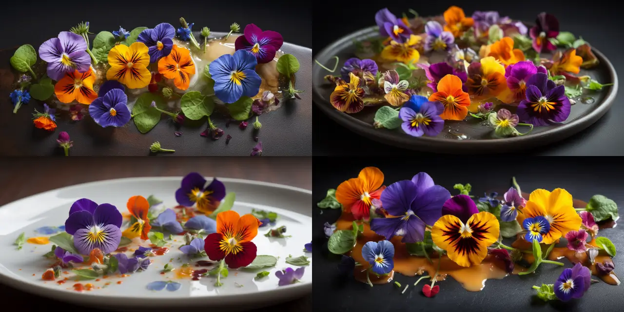 Create a visually stunning and appetizing dish using {{edible_flower_1}}, {{edible_flower_2}}, and {{edible_flower_3}}, highlighting their vibrant colors and unique textures in a food photography setting. Capture the essence of their natural beauty through thoughtful plating, harmonious ingredient combinations, and artistic presentation. Consider incorporating cooking techniques such as {{cooking_technique_1}} and {{cooking_technique_2}} to showcase the versatility of edible flowers. Shot in the style of {{photography_style}} with emphasis on lighting and composition to evoke a sense of {{emotion_or_theme}} inspired by renowned food photographers like {{photographer_1}} and {{photographer_2}}.