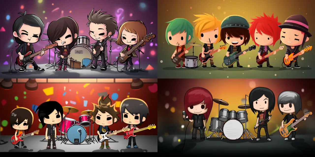 Illustrate a chibi style band performance, featuring {{number_of_characters}} characters, each playing a different musical instrument, such as {{instrument_1}}, {{instrument_2}}, {{instrument_3}}, and {{instrument_4}}. Emphasize their unique fashion styles, showcasing elements like {{fashion_element_1}}, {{fashion_element_2}}, and {{fashion_element_3}} in their outfits. Create this scene using Chibi Style Art, ensuring a lively and energetic atmosphere.