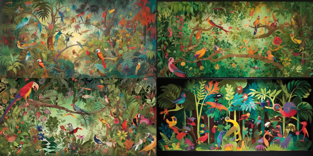 Depict a lush jungle scene featuring {{number_of_monkeys}} monkeys as a family, playing and swinging from trees, surrounded by vibrant tropical foliage and an array of {{number_of_birds}} colorful birds singing from branches. The setting should evoke a sense of joy and playfulness, with the monkeys exhibiting various playful behaviors such as grooming, chasing, and interacting with their surroundings. Emphasize the lushness and vibrancy of the jungle by including a diverse range of plant life, such as ferns, massive tree trunks, and oversized leaves. The style should be in the realm of Wildlife Illustrations, capturing the natural beauty and essence of both the flora and fauna, with a focus on intricate details and lifelike portrayals of the subjects.