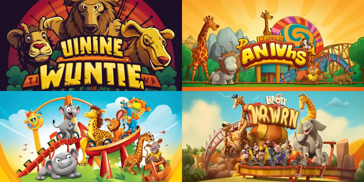 Create a cartoon-style, animal-themed amusement park logo, featuring a cheerful ensemble of {{number_of_animals}} animal characters, such as {{animal_1}}, {{animal_2}}, and {{animal_3}} riding on a rollercoaster. Display the park's name, "{{park_name}}", in a bold, playful font. Incorporate a {{visual_style}} style and use vibrant colors to ensure a fun and captivating Cartoon Logo Design.