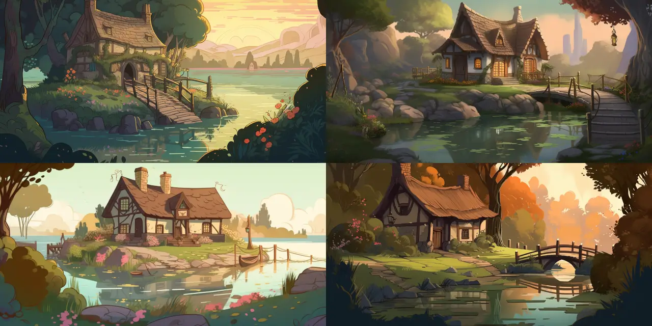 Design a cozy {{setting1}} woodland cottage with {{material1}} walls and a {{material2}} roof, surrounded by {{nature_element1}} and {{nature_element2}}. Include a small {{wooden_bridge_type}} wooden bridge in the foreground, connecting the cottage area to a {{land_feature}}. Use the art style of Cartoon Background Art, incorporating elements of {{art_style1}} and {{art_style2}} for an appealing, inviting atmosphere.