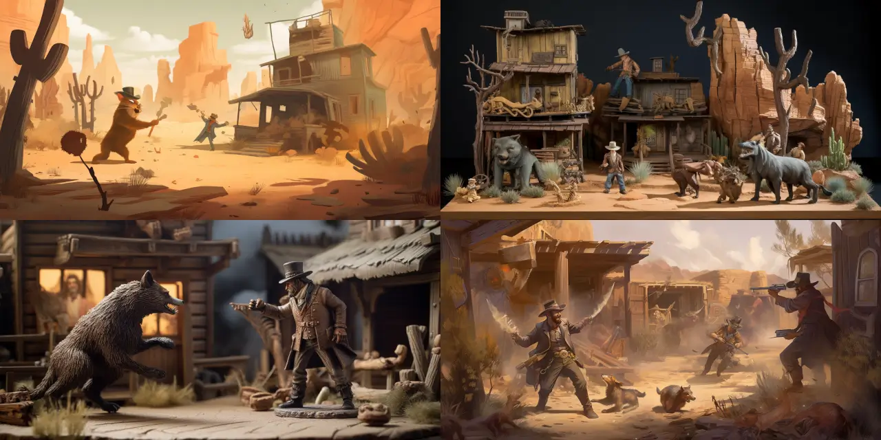 Depict a wild west scene featuring {{animal_1}} and {{animal_2}} as anthropomorphic animal cowboys engaged in a duel at high noon. Create a dusty atmosphere with tumbling tumbleweeds, spiky cacti, and aged wooden structures for added effect. Emphasize strong feelings of {{emotion_1}} and {{emotion_2}} in the confrontation between the two dueling cowboys. Capture the scene in the style of {{art_style}}, incorporating influences from artists like {{artist_1}} and {{artist_2}}. Render the composition using a {{medium}} technique to enhance the storyboarding.