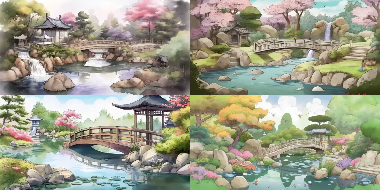 Illustrate a serene Japanese Zen garden featuring {{element_1}}, {{element_2}}, and {{element_3}} for Anime Background Art, where {{element_1}} is a gently flowing waterfall, {{element_2}} consists of cherry blossom trees in full bloom, and {{element_3}} is a koi pond teeming with colorful fish. Capture the essence of tranquility by incorporating a harmonious balance between natural elements and man-made structures, with subtle {{art_style_1}} influences, such as watercolor or impressionism. Showcase your inspiration from renowned artists like {{artist_1}} and {{artist_2}}, to create a visually rich and immersive environment.