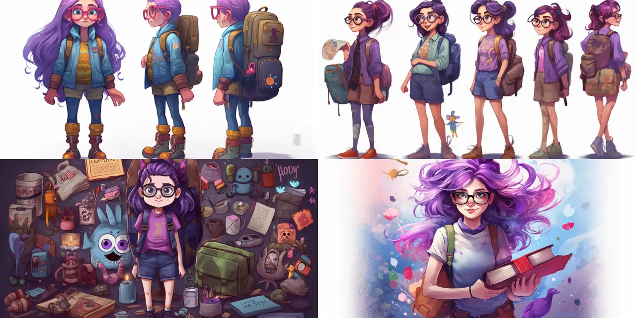 Create an endearing, nerdy character illustration featuring {{character_name}}, with oversized {{color_glasses}} glasses, a backpack overflowing with diverse {{book_genre_1}} and {{book_genre_2}} books, and unconventional {{quirky_clothing}} clothing choices. Emphasize their unique personality through vivid facial expressions that reveal their {{character_trait_1}} and {{character_trait_2}}. Use a {{illustration_style}} art style, and explore cartoon avatars inspired by {{artist_influence_1}} and {{artist_influence_2}}. Incorporate a subtle background of a {{setting}} that highlights their interests and hobbies.