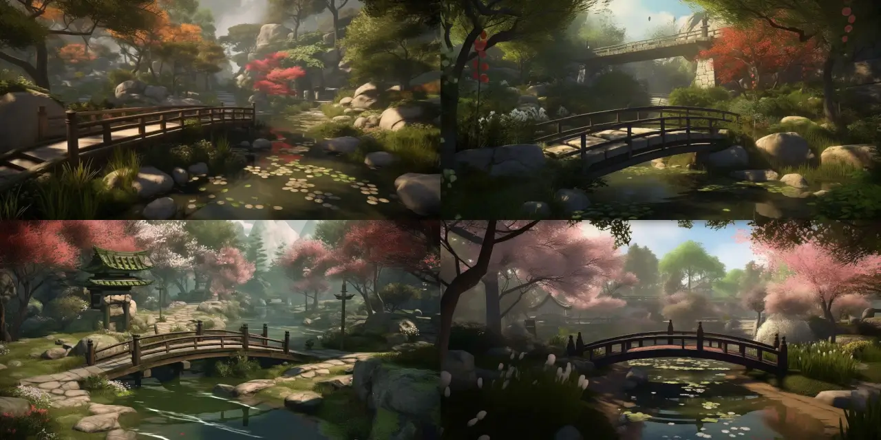 Capture a serene Japanese garden in Game Environment Art, featuring {{feature_1}}, a traditional bridge, {{feature_2}}, a koi pond, and {{feature_3}}, cherry blossom trees. Emphasize the tranquil atmosphere by incorporating gentle, flowing water, delicate {{plant_species}}, and soft lighting with {{time_of_day}} illumination. Design the environment with an art style reminiscent of {{artist_reference}} to enhance the sense of tranquility and peace. Include a few animated elements, such as {{animated_element_1}}, koi fish swimming in the pond, and {{animated_element_2}}, cherry blossom petals gently falling from the trees. Finally, enrich the scene with some traditional Japanese garden elements like {{garden_element_1}}, stone lanterns, and {{garden_element_2}}, a small shrine.