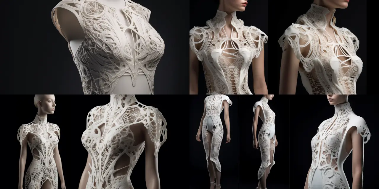 Create a 3D printed garment concept, featuring {{function_1}} and {{function_2}}, while showcasing elegance through {{design_element_1}} and {{design_element_2}}. Develop technical fashion sketches that highlight the unique construction, integration of {{material_1}} and {{material_2}}, as well as the overall silhouette. Draw inspiration from the styles of {{fashion_style_1}} and {{fashion_style_2}} for a harmonious blend of function and aesthetics.