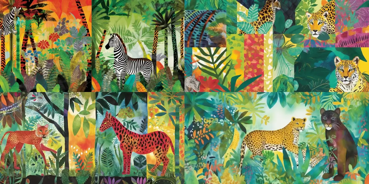 Create a vibrant jungle scene with various animal prints, including patterns such as {{pattern_1}}, {{pattern_2}}, and {{pattern_3}}, covering the tree trunks and leaves. The textile styles could include {{textile_style_1}}, {{textile_style_2}}, and {{textile_style_3}}. Incorporate an atmosphere of {{feeling_or_theme}} and use a {{medium}} to capture the essence of this wild and colorful world. The art style should be reminiscent of {{artist_1}} and {{artist_2}}.