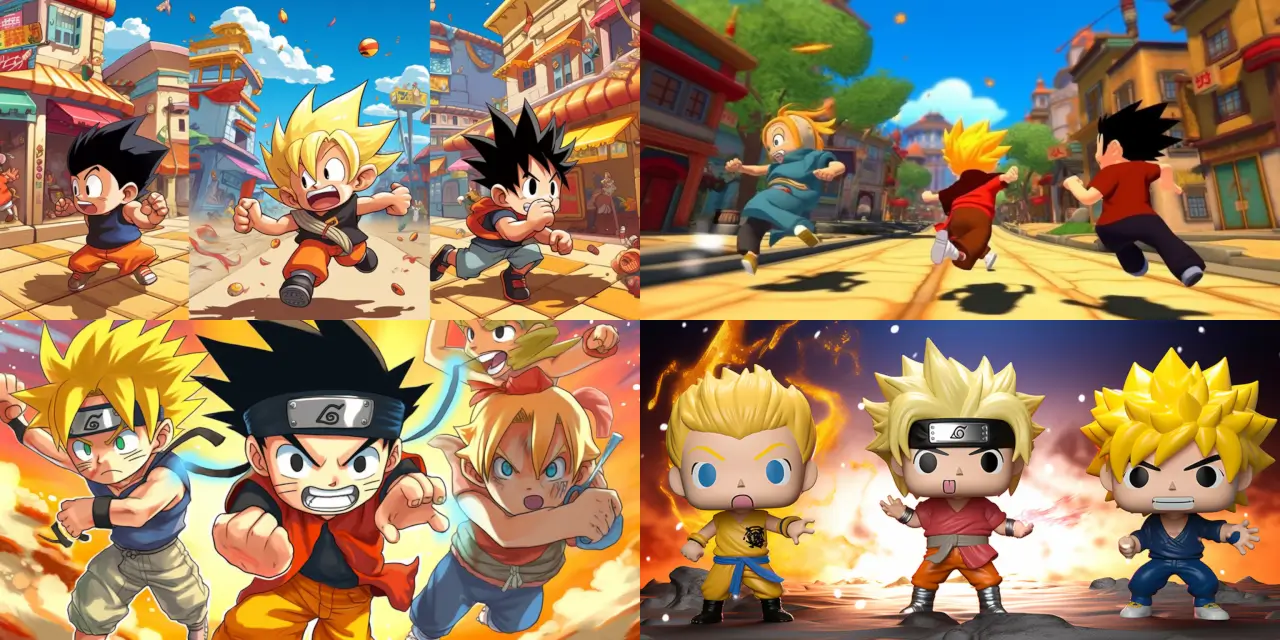 Depict a chibi style crossover of famous anime characters, {{character_1}}, {{character_2}}, and {{character_3}}, each showcasing their signature moves or powers, such as {{move_1}}, {{move_2}}, and {{move_3}}. Set the scene in a playful, dynamic environment like a {{setting}}, with vibrant colors and exaggerated expressions. Incorporate elements from their respective anime worlds, while maintaining an overarching unity in the Chibi Style Art.