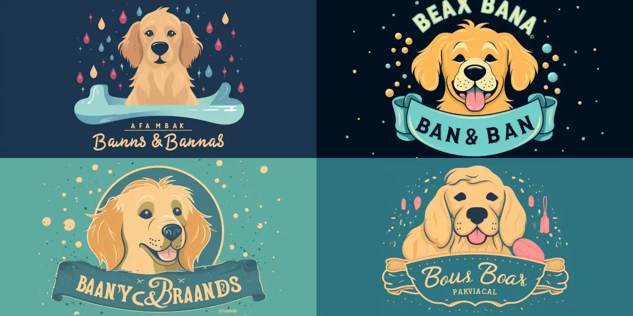 Create a cartoon-style dog grooming salon logo featuring a stylish {{dog_breed}} in a bath with {{number_of_bubbles}} bubbles and the salon's name "{{salon_name}}" in a {{font_style}} playful font. The dog should be wearing a {{dog_accessory}} and expressing a {{dog_emotion}} emotion. The color scheme should be inspired by {{color_inspiration}}. Make sure to include a touch of {{unique_element}} for a distinctive look. Cartoon Logo Design.