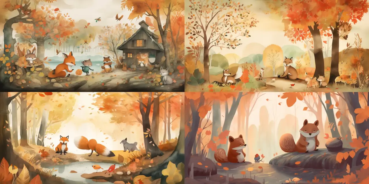 Create a cozy, autumn-inspired scene in the forest featuring {{number_of_animals}} curious woodland animal characters, including a {{animal_1}}, a {{animal_2}}, and a {{animal_3}}. Incorporate elements such as {{element_1}}, {{element_2}}, and {{element_3}} to enhance the atmosphere. Use artistic styles like {{art_style_1}}, {{art_style_2}}, and {{art_style_3}} to create a heartwarming, storyboarding masterpiece.