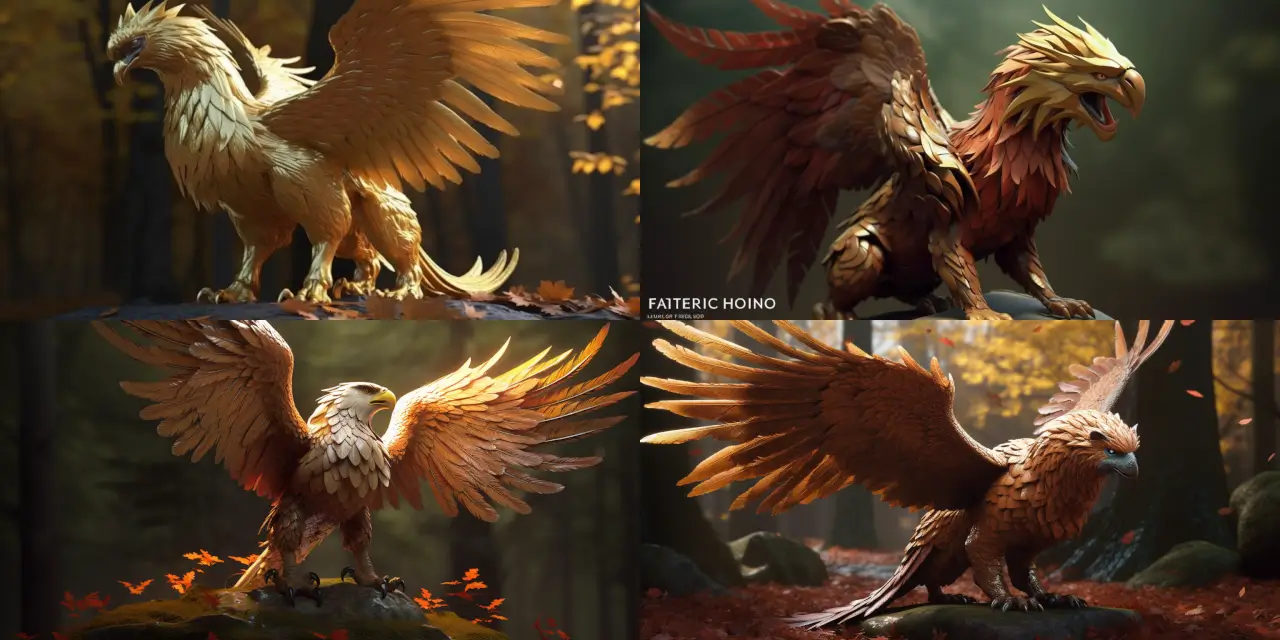 Create a 3D character model of a mythical creature combining the head of a {{animal_1}}, the body of a {{animal_2}}, and the wings of a {{animal_3}}. The creature should be adorned with {{color_1}} and {{color_2}} scales, giving it a fiery appearance. Incorporate this majestic being into a {{environment_1}} setting, showcasing its unique features and blending it harmoniously with the surrounding landscape. Consider different angles, poses, and lighting to emphasize its powerful presence.