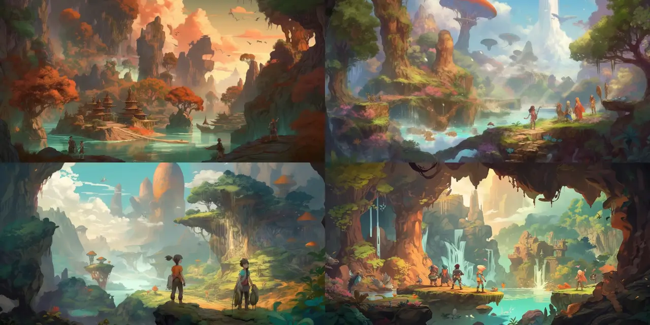 An adventurous scene depicting a group of {{number_of_characters}} diverse characters exploring the foreign land of {{foreign_land_name}}, with its vibrant landscapes. Each character should possess unique skills and personalities, such as {{character_skill_1}}, {{character_skill_2}}, and {{character_skill_3}}. The landscape should be a blend of {{landscape_element_1}}, {{landscape_element_2}}, and {{landscape_element_3}}, with a sense of {{strong_feeling_or_theme}}. The art style can be described as a combination of colorful cartoon avatars, {{art_style_1}}, and {{art_style_2}}. For inspiration, consider the works of artists like {{artist_name_1}} and {{artist_name_2}}. The medium should be a choice between {{medium_1}}, {{medium_2}}, and {{medium_3}}.