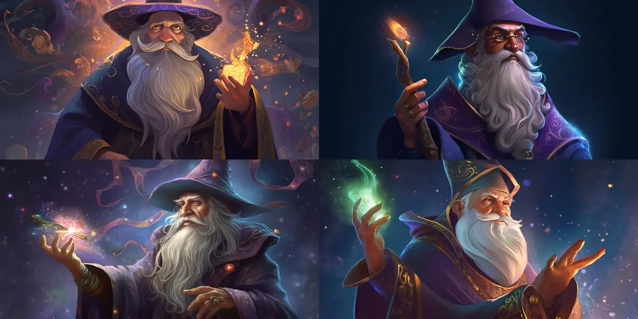Create a whimsical caricature of a magical sorcerer who possesses a tall, twisted {{hat_material}} hat, a flowing {{beard_color}} beard, and a robe with {{robe_pattern}} patterns. In their hands, they are skillfully conjuring a magical masterpiece, featuring {{magical_element_1}}, {{magical_element_2}}, and {{magical_element_3}}. Capture the essence of this character and their unique attributes in a caricature style, paying attention to exaggerated facial features, stylized body proportions, and a playful overall tone.