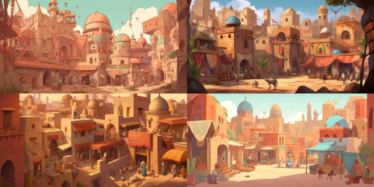 Design a captivating cartoon background art that portrays an ancient desert city, featuring {{material_1}} sandstone buildings, a lively market area filled with {{number_1}} colorful market stalls offering various goods, and a resting area where {{number_2}} camels find solace in the shade. Emphasize the city's architectural details, such as intricate carvings and domed rooftops, while incorporating styles reminiscent of {{art_style_1}} and {{art_style_2}}. Capture the surrounding desert landscape with sprawling sand dunes and hints of native flora for added authenticity.