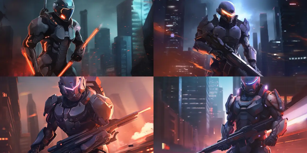 Create a heroic anime soldier with {{armor_material}} futuristic armor, holding a {{weapon_type}} deadly energy weapon. Add a battle-torn {{city_type}} cityscape with intense {{action_element}} action in the background. Anime Portraits.