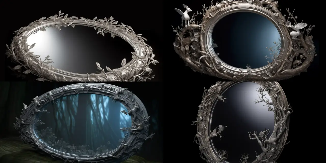 An ancient, ornate {{mirror_shape}} mirror with an elaborately carved {{frame_material}} frame, featuring {{carving_theme}} motifs. This exquisite mirror reveals an ethereal, {{scene_location}} otherworldly scene within its reflection, comprising of elements like {{scene_element_1}}, {{scene_element_2}}, and {{scene_element_3}}. Subtle magical energy should radiate from the mirror's surface, giving it a {{magic_color}} enchanted glow. The mirror serves as a {{mirror_purpose}} and fits perfectly within the world of Magical Props & Artifacts. Render this piece in a {{art_medium}} style to accentuate the mystique and allure of the subject.
