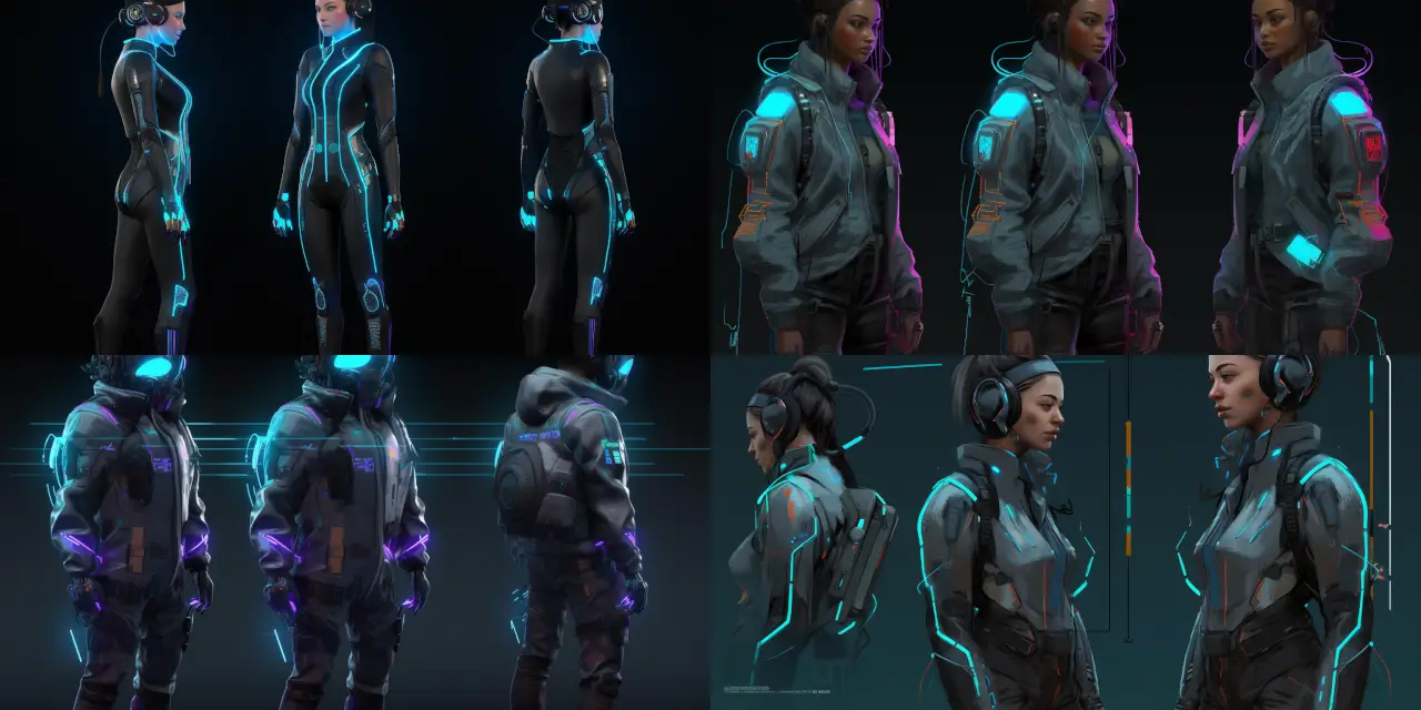 Create a character illustration for a futuristic, {{adjective_1}} tech-savvy individual with distinct {{feature_1}} neon accents and {{feature_2}} wires integrated into their design. The character should be suitable for a cartoon character design in a {{art_style}} style. Consider incorporating unique functional elements such as {{gadget_1}} and {{gadget_2}} that reflect their technological prowess, and ensure that their clothing and accessories showcase a blend of modern and future fashion trends. The setting and surrounding environment should also capture the essence of a future world with innovative structures and advanced technology.