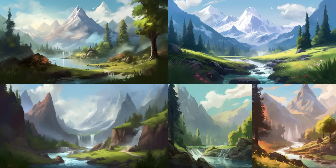Compose a tranquil mountain landscape featuring a majestic snow-capped peak, a cascading {{waterfall_height}} waterfall, and a gently flowing river below, ideal for Cartoon Background Art. Emphasize the sense of serenity and natural beauty by incorporating elements such as {{element_1}} and {{element_2}}. Experiment with art styles such as impressionism, watercolor, or Studio Ghibli-inspired aesthetics to further enhance the scenery's visual impact.