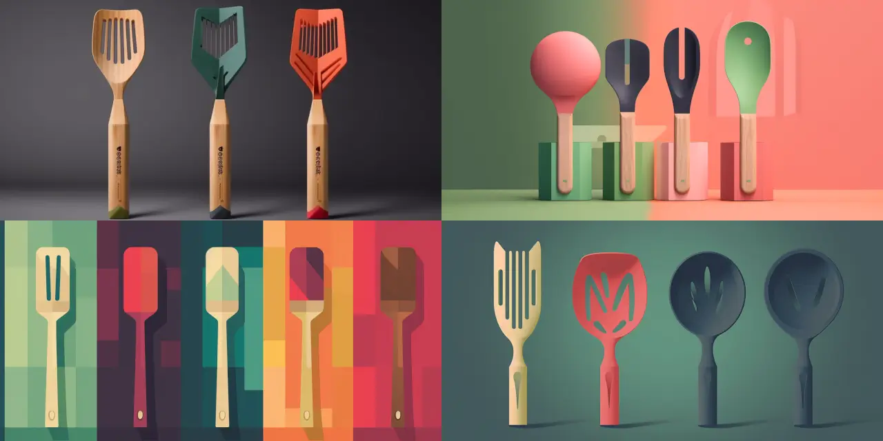 Create a minimalist, geometric representation of {{number_of_utensils}} popular kitchen utensils for a cooking gadget brand's food packaging design, including {{utensil_1}}, {{utensil_2}}, and {{utensil_3}}. The design should embody the essence of each utensil while showcasing a sleek and modern style, incorporating elements such as {{element_1}} and {{element_2}}. The color palette should be inspired by {{color_inspiration}}, and the overall composition should evoke a sense of {{theme_or_feeling}}.