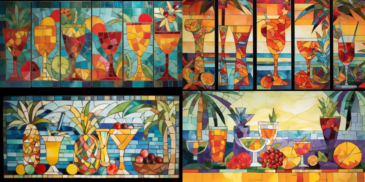 Create a vibrant mosaic design showcasing a collection of {{number_1}} fruit cocktail drinks, each with their own distinct garnish. Set the scene on a tropical beach bar, incorporating elements such as {{element_1}}, {{element_2}}, and {{element_3}} to enhance the setting. Capture the essence of Beverage Art with a fusion of artistic styles, such as {{style_1}} and {{style_2}}. Use a medium like {{medium}} to bring this vivid, refreshing vision to life.