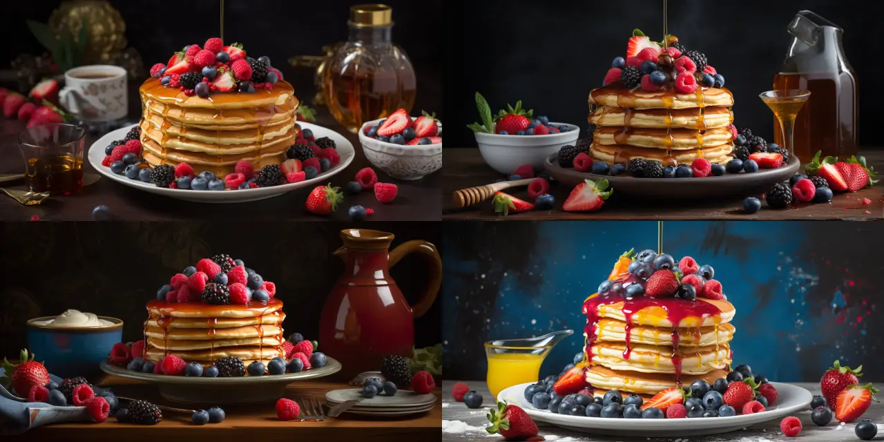 Capture an enticing food photography scene featuring a towering stack of {{number_of_pancakes}} fluffy pancakes, artfully drizzled with {{syrup_type}} syrup, and adorned by a vibrant medley of {{berry_type_1}}, {{berry_type_2}}, and {{berry_type_3}} berries. Show off the glistening syrup cascading down the pancake layers, the vivid colors of the berries, and the overall irresistible nature of the dish. Present this culinary delight in a style reminiscent of {{artist_1}} and {{artist_2}}, utilizing a medium such as {{medium_1}} or {{medium_2}} to accentuate the textures and details, ultimately evoking a sense of {{theme_1}} and {{theme_2}} among viewers.