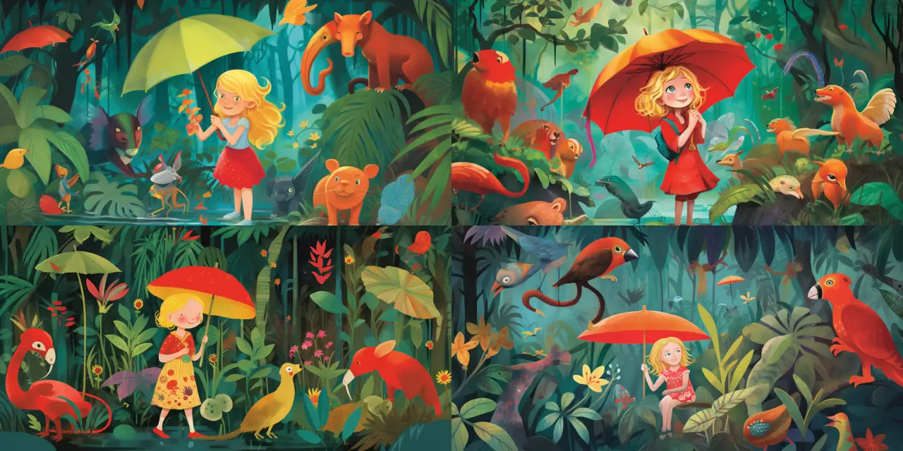 A children's book illustration featuring a {{small_girl}} holding a {{red_umbrella}}, surrounded by {{vibrant_animals}} in a lush rainforest setting, where {{vivid_colors}}, playful imagery, and a sense of wonder and adventure are emphasized.