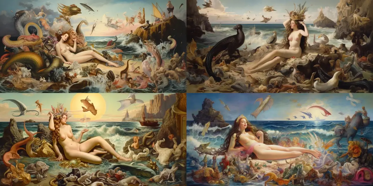 An elegant {{creature_1}} lounging on the sunlit seashore, surrounded by {{creature_2}}, {{creature_3}}, and other mythical creatures, imbued with a sense of {{theme_1}} and {{theme_2}}. The scene is depicted in a {{style_1}} and {{style_2}} hybrid, reminiscent of the works of {{artist_1}} and {{artist_2}}. The medium: a captivating {{medium_1}}.
