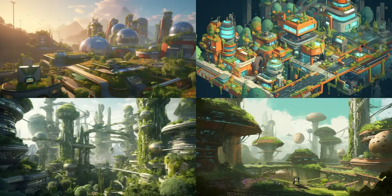 Create an image featuring a {{utopian_theme}} society where {{number_of_robots}} robots and AI nurture the environment, integrating {{sustainable_energy_1}}, {{sustainable_energy_2}}, and green architecture. Depict a scene in a {{sustainable_city}}, where robots and AI are tending to lush gardens, maintaining green rooftops, and installing solar panels on uniquely designed eco-friendly buildings. The robots should showcase a variety of tasks such as planting trees, recycling waste, and maintaining wind turbines. In the background, a vibrant {{climate_neutral_community}} flourishes, with people traveling by eco-friendly transportation modes like bicycles, electric shuttles, and walking on green pathways. The overall style of the image should be a combination of {{art_style_1}} and {{art_style_2}}, capturing the essence of a sustainable future harmoniously coexisting with advanced technology.