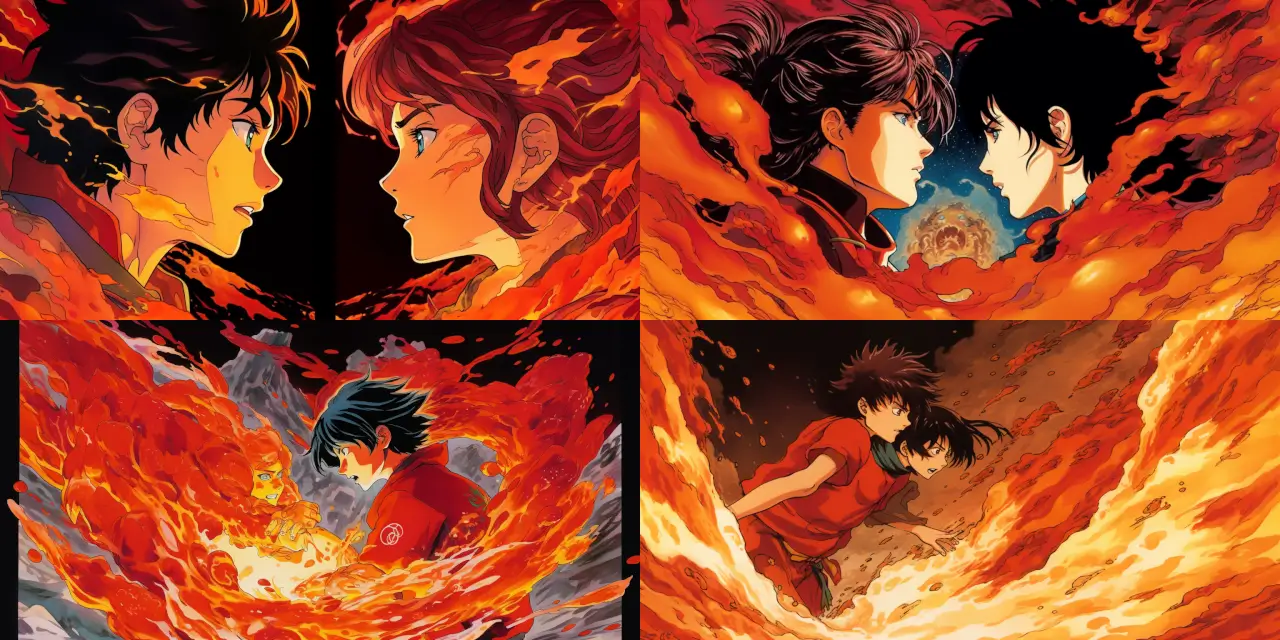 Capture an emotional scene between two characters, {{character_1}} and {{character_2}}, with astonishing elemental powers, both in the midst of a dramatic battle. Design {{character_1}} to represent fire, showcasing their fierce, blazing abilities, while the other, {{character_2}}, embodies water, signifying fluidity and grace. Incorporate elements of anime-style portraits to emphasize their expressive, dynamic features, and convey the intense emotions shared between the two characters during this elemental showdown. Consider their contrasting powers, the vibrant colors representing fire and water, and the intricate details of their unique fighting styles, while also highlighting the bonds and connections between the two rivals.