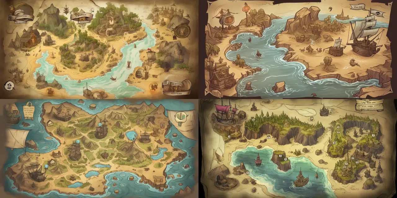 Design an engaging in-game treasure map for a pirate adventure game, combining a prominent "{{X_marks_the_spot}}" symbol with a fun and whimsical interface. The map should include {{number_of_locations}} key landmarks, such as {{landmark_1}}, {{landmark_2}}, and {{landmark_3}}. UI & UX Design should incorporate elements inspired by the {{art_style}} genre, invoking the work of artists such as {{artist_1}} and {{artist_2}}. Incorporate a medium like {{medium_type}} to create a vibrant and unique visual experience. Create a sense of {{theme}} throughout the design, emphasizing features that evoke feelings of {{strong_feeling}} as players navigate through the game's world.