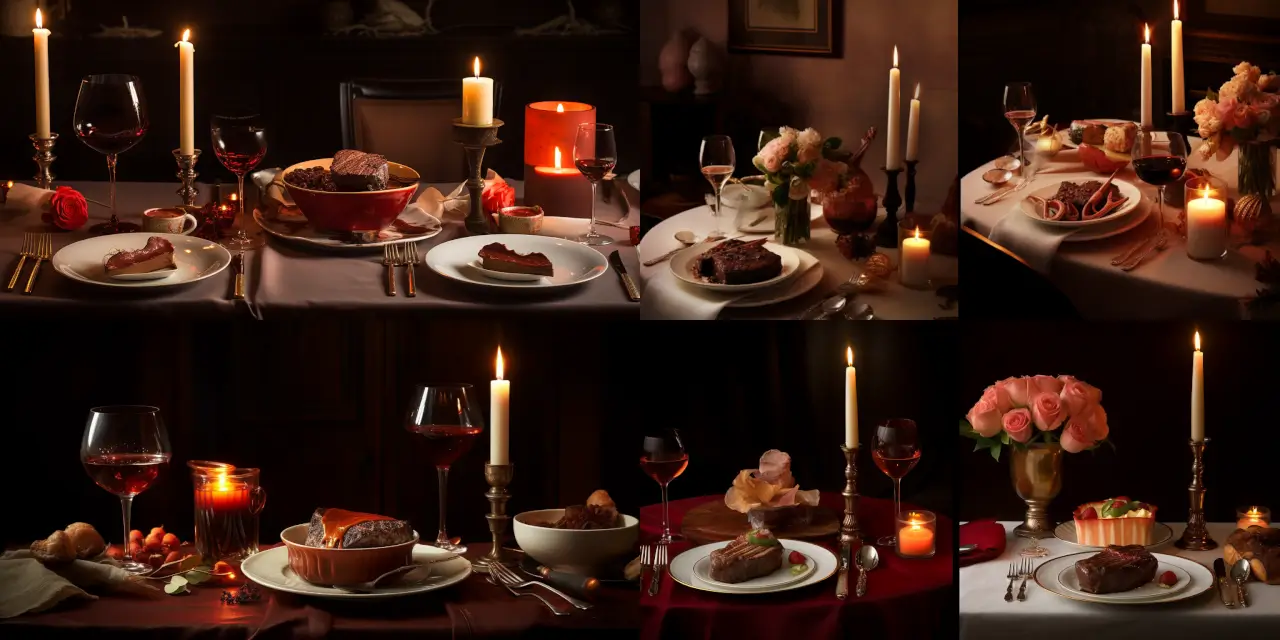 Design a romantic candlelit dinner setting featuring {{food_item_1}}, {{food_item_2}}, and {{food_item_3}}, captured in a stunning food photography style. Incorporate elegant tableware, soft yet radiant candlelight, and a harmonious color palette creating a sense of warmth, intimacy, and passion. Take inspiration from Baroque still life paintings or contemporary food photographers such as Bea Lubas, Kimberly Espinel, or Joanie Simon. Experiment with different angles, compositions, and lighting techniques, showcasing the textures and colors of the carefully arranged food items, evoking a sense of indulgence and love with every detail.