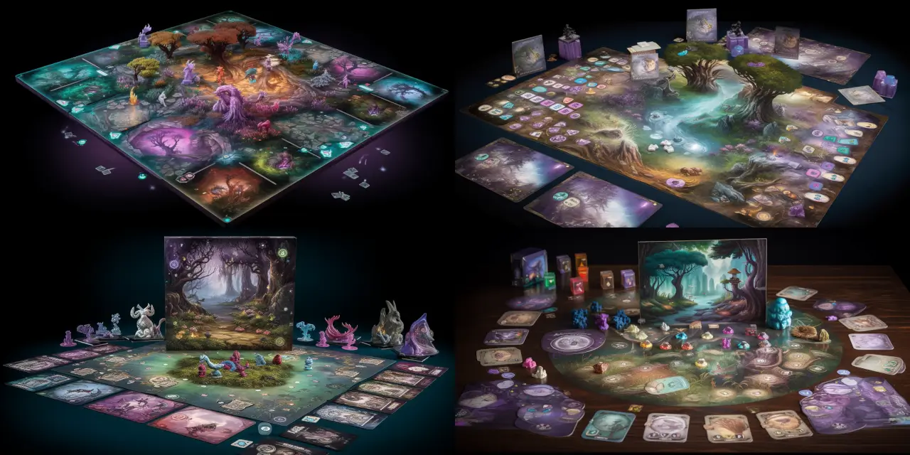 Design a mystical forest scene featuring a {{number_1}}-player card game, with various fantastical creatures such as {{creature_1}}, {{creature_2}}, and {{creature_3}} engaging in playful competition around a {{material_1}} table. The enchanting setting is illuminated by glowing runes floating in the air, casting a {{color_1}} hue on the foliage and participants. Emphasize the intricacy of the tabletop & card game design, detailing the unique characteristics of the cards, game pieces, and playing surface, infusing a sense of wonder and curiosity. Explore artistic styles such as {{style_1}}, {{style_2}}, or {{style_3}} and draw inspiration from artists like {{artist_1}} or {{artist_2}}. Consider using a medium such as {{medium_1}}, {{medium_2}}, or {{medium_3}} to bring this magical scene to life.