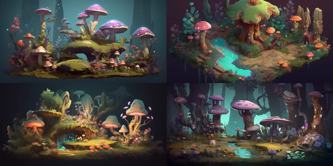 Create a whimsical forest environment for a fantasy-themed mobile game, featuring {{creature_1}}, {{creature_2}}, and {{creature_3}} as magical creatures. The forest should include glowing plants, such as {{plant_1}}, {{plant_2}}, and {{plant_3}}, as well as ancient ruins reminiscent of {{ruin_style}}. The mobile game art should evoke a sense of {{emotion_1}}, and utilize an art style that blends {{art_style_1}} and {{art_style_2}}. Please incorporate a {{medium}} for visual consistency throughout the environment.