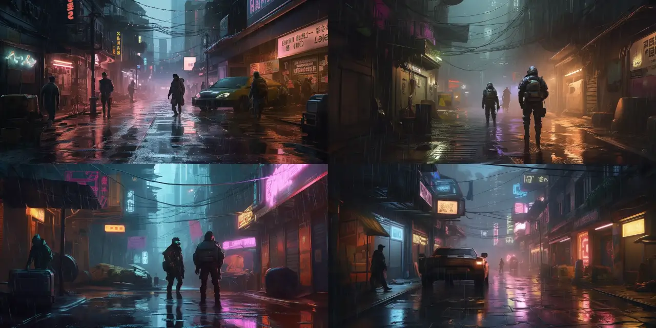 Illustrate a scene featuring {{number_of_characters}} armored, cybernetic bounty hunters traversing a rainy {{setting}}, amidst glowing neon signs and reflecting puddles. The setting should be depicted in a {{art_style}} style, where number_of_characters=3, setting=alleyway, and art_style=cyberpunk.