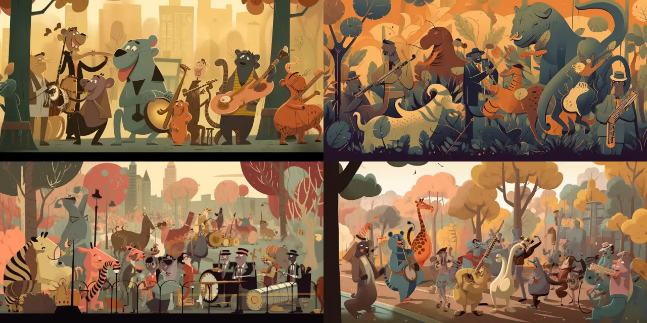 A vibrant 2D animation depicting a delightful animal band comprised of {{animal_1}}, {{animal_2}}, {{animal_3}}, {{animal_4}}, and {{animal_5}} performing catchy tunes in a bustling city park. The band members are wearing amusing {{outfit_style}} outfits and playing various unique instruments. The lively scene captures a diverse audience of both animals and humans, including {{animal_6}}, {{animal_7}}, {{human_1}}, and {{human_2}}, jovially dancing along to the energetic music. Incorporate a touch of {{animation_style}} visual style to accentuate the whimsical and heartwarming atmosphere of the animated celebration.