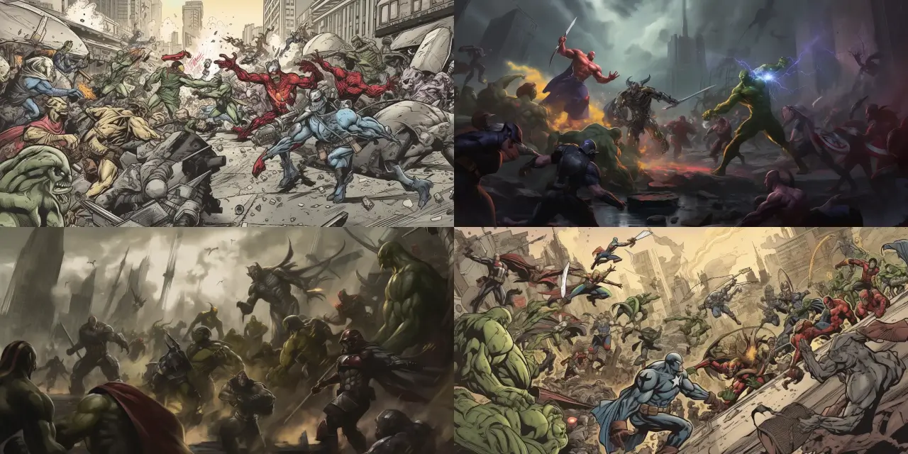 Illustrate an epic battle scene between {{number_of_aliens}} aliens and {{number_of_superheroes}} superheroes amidst a city under siege, featuring dynamic action, explosive powers, and the fierce struggle for survival. The main focus should be on the incredible clash of forces, showcasing the aliens' {{alien_feature_1}}, {{alien_feature_2}}, and their advanced technology against the superheroes' unique abilities, such as {{superhero_power_1}}, {{superhero_power_2}}, and {{superhero_power_3}}. Convey a sense of imminent danger and the heroes' determination to protect the city and its citizens. Incorporate a visual style reminiscent of classic comic book art, utilizing bold lines, vibrant colors, and expressive shading to capture the intensity of the scene.