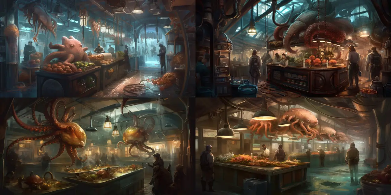 Illustrate a bustling {{setting_1}} food market where {{entity_1}} and {{entity_2}} prepare and serve a variety of cuisines, representing different cultures from around the globe, such as {{culture_1}}, {{culture_2}}, and {{culture_3}}. The {{entity_1}} and {{entity_2}} should have unique and creative designs, incorporating elements from {{style_1}}, {{style_2}}, and {{style_3}}. The market should be filled with futuristic details and technologies, such as {{technology_1}} and {{technology_2}}. To enhance the atmosphere, include art styles like {{art_style_1}} and {{art_style_2}}. Capture a strong sense of {{theme_1}}, with hints of {{theme_2}} in the scene.