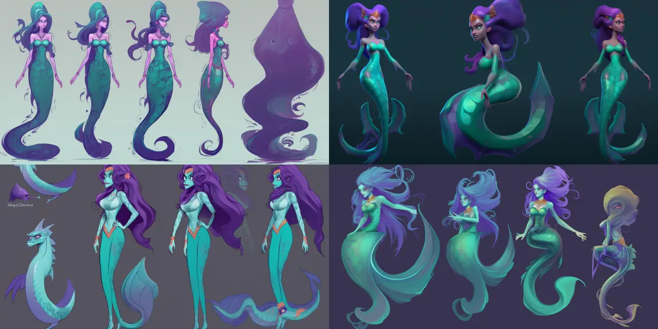 Design a charismatic {{gender}} mermaid character for a Cartoon Character Design, incorporating unique features inspired by {{underwater_animal_1}} and {{underwater_animal_2}}. The mermaid's vibrant, {{color_1}} and {{color_2}} tail should reflect a combination of these underwater creatures. Further enhance the character by including {{detail_1}} and {{detail_2}} for a truly distinctive and memorable appearance. The art style should be {{art_style_1}}, with a touch of {{art_style_2}} for a visually striking portrayal.